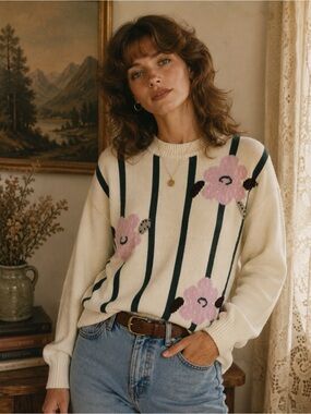 Vintage Jantzen Floral Stripe Crewneck Sweater Mediu Pastel Cottagecore Feminine